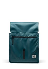 Teal foldable backpack with a zippered front pocket, made from textured synthetic material, featuring a black accent and logo tag.