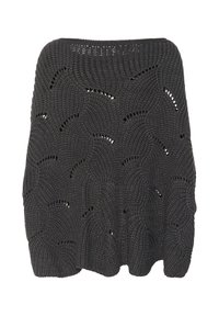 Chal oscuro de punto gris con un patrón de olas texturizado, detalles de calado y un borde con forma de concha, lo que permite un estilismo ligero.