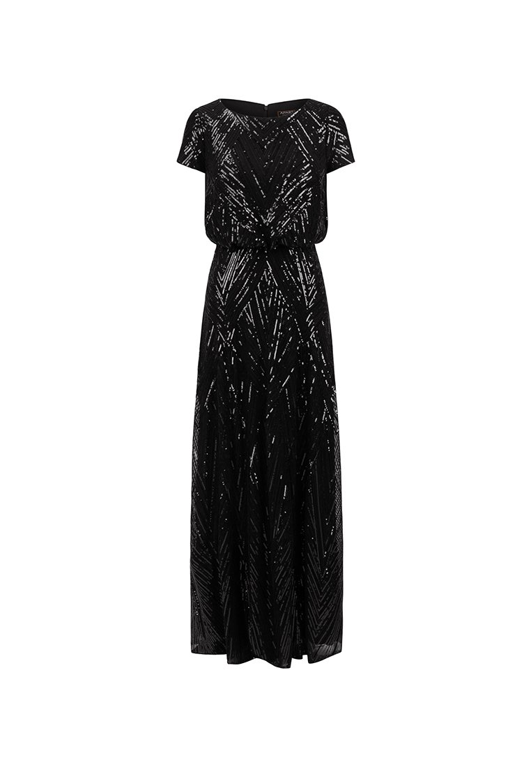 Robe maxi noire à manches courtes, présentant un motif texturé de stries argentées et une taille élastique pour une silhouette ajustée.