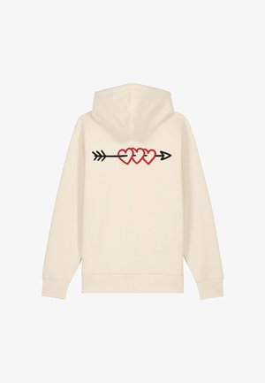 Felpa color crema con un design sul retro che presenta tre cuori rosse su una freccia nera. Tessuto morbido; cappuccio regolabile; polsini a costine.