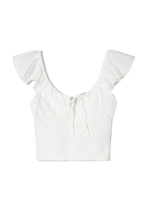 White crop top with short ruffled sleeves, square neckline, and a tie detail at the front. Fabric is soft with a textured smocked finish.