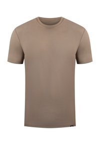 T-shirt z krótkim rękawem i okrągłym dekoltem, wykonany z miękkiego materiału, w neutralnym beżowym kolorze, o gładkiej fakturze i bez widocznych wzorów ani akcentów.