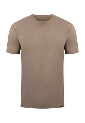 Camiseta de manga corta con cuello redondo, hecha de un tejido suave, en un color beige neutro, con una textura lisa y sin patrones ni acentos visibles.