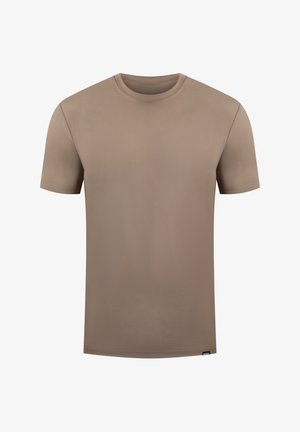 T-shirt z krótkim rękawem i okrągłym dekoltem, wykonany z miękkiego materiału, w neutralnym beżowym kolorze, o gładkiej fakturze i bez widocznych wzorów ani akcentów.