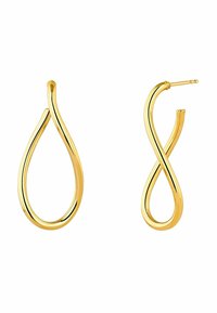 Pendientes en tono dorado con forma de lágrima fluida. Presentan un acabado pulido y cierre de alambre. Un pendiente forma un diseño de bucle infinito.