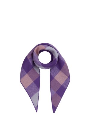Purple and pink checkered scarf folded in a loose loop with pointed ends against a white background.