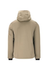 Beige huva jacka med en slät textur, långa ärmar, elastiska svarta mudd och en ren, minimalistisk design. Bakifrån visar jackan inga utsmyckningar.