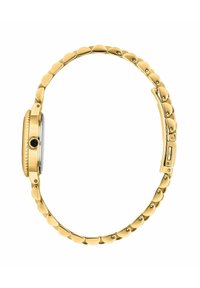 Orologio dorato con cassa tonda e lunetta testurizzata, cinturino liscio con maglie a forma di petalo e corona nera a contrasto.