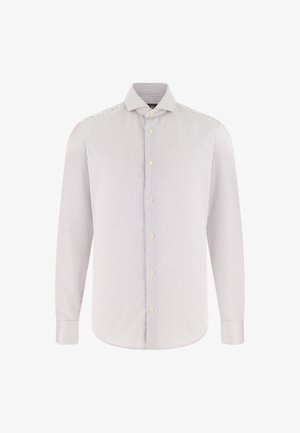 Heren overhemd met lange mouwen, dunne verticale strepen, knoopsluiting aan de voorkant, puntige kraag en knoopmanchetten op een witte achtergrond.