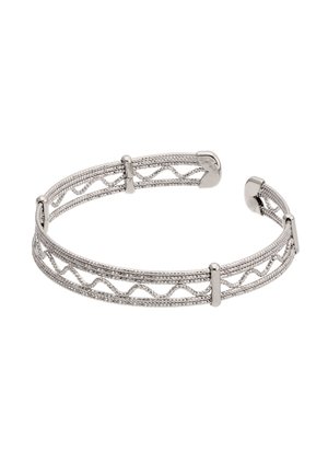 Srebrna otwarta bransoletka mankietowa z podwójnymi rzędami i falistym detalem łańcucha, z trzema pionowymi prętami równomiernie rozmieszczonymi wzdłuż opaski.