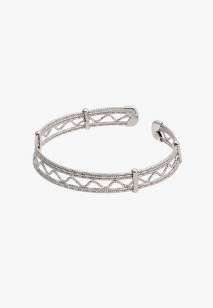 Ezüst nyitott mandzsetta karkötő dupla sorokkal és hullámos lánc díszítéssel, a szalagon egyenletesen elosztva három függőleges rúd.