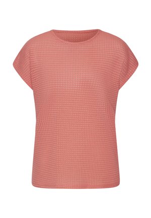 Kurzärmeliges korallenfarbenes Strickoberteil mit runder Halslinie, lockerem Sitz und dezenter Waffelstruktur.