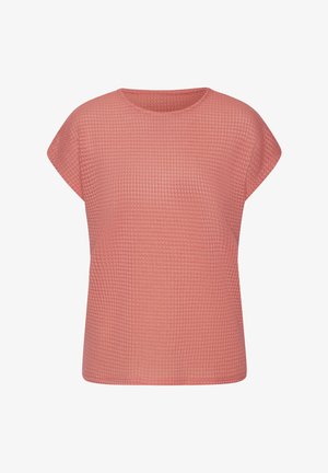 Short-sleeve coral pink textured knit top with a round neckline, loose fit, and subtle waffle pattern.