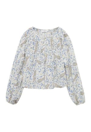 Vit blus med blå blommiga och paisleymönster, elastisk halsringning och långa puffärmar. Lättviktig tyg med en avslappnad passform.