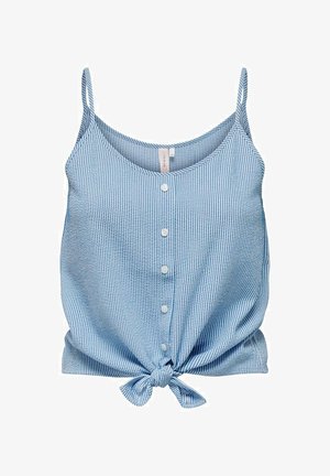 Top sin mangas a rayas azules y blancas con cuello redondo, botones al frente y detalle de nudo atado en el dobladillo. Tela ligera.