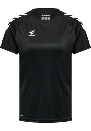 Tricou sportiv negru, fabricat din material respirabil, cu guler rotund, mâneci scurte și accente albe în formă de v pentru umeri.