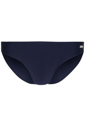 Navy-blaue Bikini-Hose aus glattem Stoff. Verfügt über ein niedrig geschnittenes Design und minimalistische Nähte. Enthält ein kleines Metall-Logo-Detail.