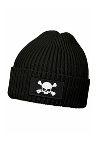 Black knit beanie with a ribbed texture, featuring a white skull-and-crossbones patch on a black background.
