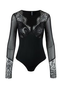 Zwarte longsleeve bodysuit met een doorschijnende kant halslijn en mouwen. Bevat een bloemenkant patroon en een solide lichaam voor een contrast in textuur.