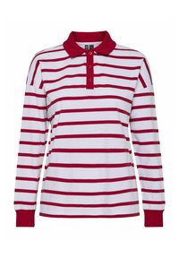 Camisa polo de manga larga en blanco y rayas rojas, con un cuello rojo, tapeta de tres botones y puños acanalados. Material de algodón.