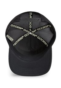 Black cap with a curved brim and mesh back, featuring a plain design with Goorin branding on the interior fabric and adjustable strap.