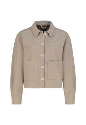 Beige cropped jacket made of wool blend, featuring a button-up front, pointed collar, and two large chest pockets. Long sleeves with button cuffs.