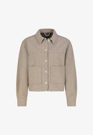 Beige cropped jacket made of wool blend, featuring a button-up front, pointed collar, and two large chest pockets. Long sleeves with button cuffs.