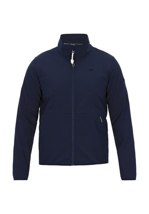 Marineblaue Jacke aus weichem, glattem Stoff mit hohem Kragen, vorderem Reißverschluss und Seitentaschen. Mit Logo auf der Brust.
