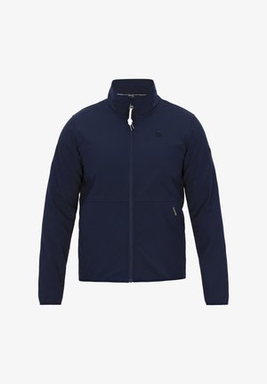 Marineblaue Jacke aus weichem, glattem Stoff mit hohem Kragen, vorderem Reißverschluss und Seitentaschen. Mit Logo auf der Brust.