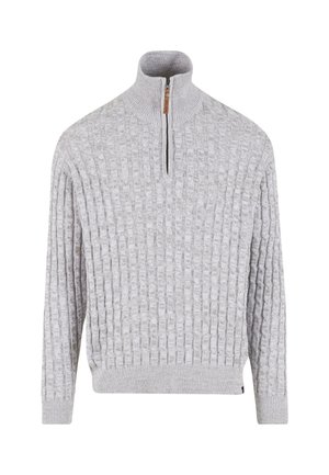 Svetlo šedý pletený sveter s vysokým golierom a polovičným zipsom; má textúrovaný vzor a rebrované lemovanie a manžety.