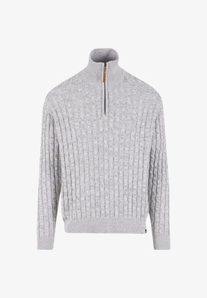 Svetlo šedý pletený sveter s vysokým golierom a polovičným zipsom; má textúrovaný vzor a rebrované lemovanie a manžety.