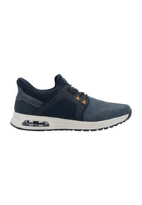 Navy blue athletic shoe with a mix of suede and mesh materials, rounded toe, minimalistic design, orange accents, and air cushioning in the sole.