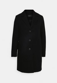 Cappotto di lana nero con un design sartoriale, rever a punta, tre bottoni, due tasche laterali e una texture liscia.