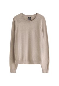 Beiger Pullover mit ribbeligem Rundhalsausschnitt, langen Ärmeln und einer lockeren Passform, gefertigt aus weichem Material.