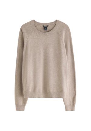 Beiger Pullover mit ribbeligem Rundhalsausschnitt, langen Ärmeln und einer lockeren Passform, gefertigt aus weichem Material.