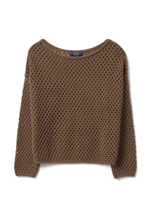 Brauner Strickpullover mit langen Ärmeln und offenem Netzmuster, mit rundem Ausschnitt und einem Kleidungsetikett am Kragen.