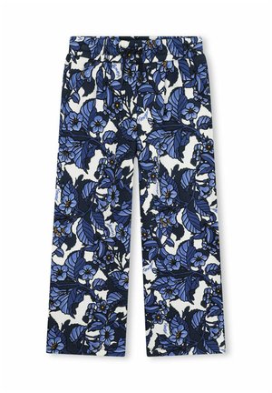 Pantalons à motif floral avec une base blanche présentant des feuilles et des fleurs bleues. Taille élastique avec un cordon de serrage pour un ajustement réglable.