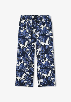 Pantalons à motif floral avec une base blanche présentant des feuilles et des fleurs bleues. Taille élastique avec un cordon de serrage pour un ajustement réglable.