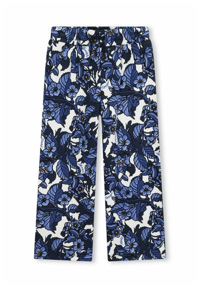 Pantalons à motif floral avec une base blanche présentant des feuilles et des fleurs bleues. Taille élastique avec un cordon de serrage pour un ajustement réglable.
