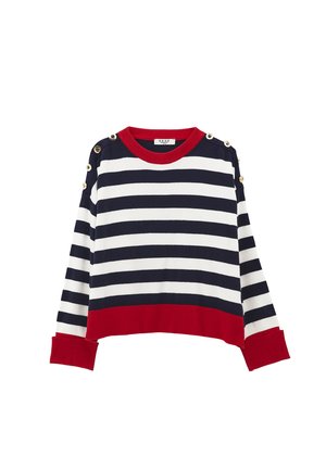 Suéter corto a rayas en azul marino y blanco con acentos rojos y detalles de botones dorados en los hombros. Fabricado en un material de punto suave.
