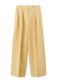 Pantalon beige à jambes larges, taille haute, plis devant, poches latérales et fermeture avant dissimulée.