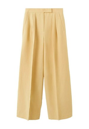 Pantalon beige à jambes larges, taille haute, plis devant, poches latérales et fermeture avant dissimulée.