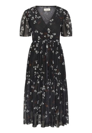 Crna haljina na vezivanje s kratkim napučenim rukavima, s cvjetnim uzorkom u bijeloj i smeđoj boji. Suknja ima složen dizajn s laganom teksturom.