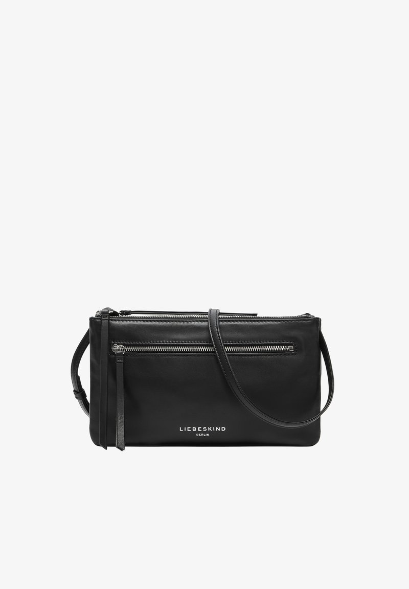 Borsa a tracolla in pelle nera con due scomparti con cerniera, design slim e tracolla con dettagli a nappina. Logo del marchio visibile.