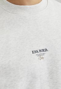 Light gray sweatshirt made of cotton, featuring ribbed collar. It has a printed logo in dark blue and gold accents on the chest.