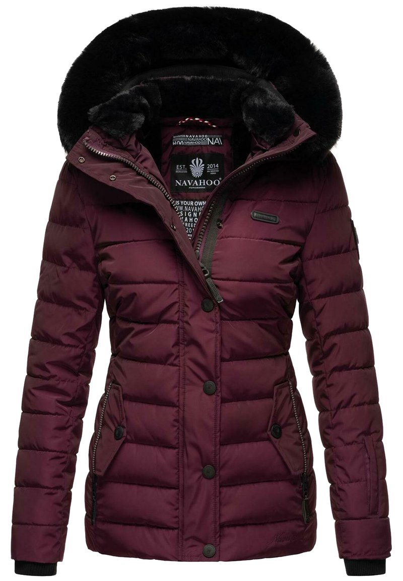 Maroon puffer jacket with a faux fur-lined hood, zip and button closure, side pockets, and quilted texture. Brand logo visible on the chest.