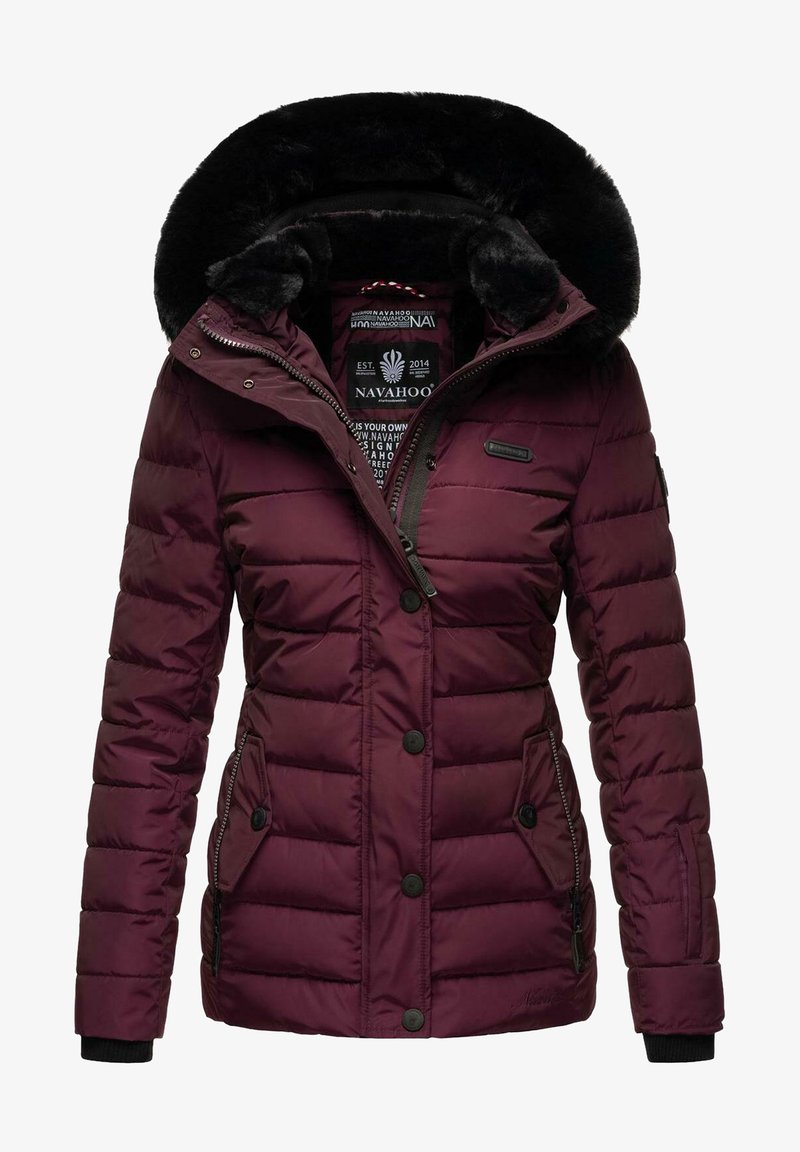 Maroon puffer jacket with a faux fur-lined hood, zip and button closure, side pockets, and quilted texture. Brand logo visible on the chest.
