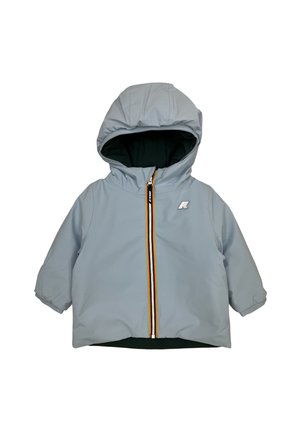 Giacca con cappuccio per bambini grigio chiaro con cerniera frontale con strisce gialle, rosse e bianche e un piccolo logo sul petto.