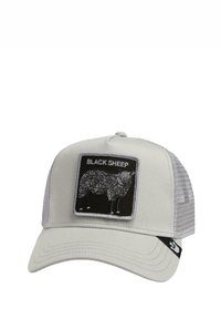 Graue Kappe mit einem Mesh-Rücken, gefertigt mit einem schwarzen Patch eines Schafs und dem Text "BLACK SHEEP". Der Schirm ist einfarbig grau mit subtiler Textur.