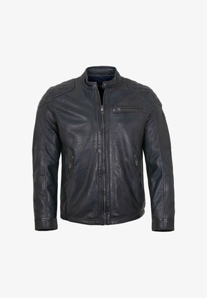 Schwarze Lederjacke mit Reißverschluss vorne, strukturierten, gesteppten Schultern, zwei Seitentaschen und einer Brusttasche. Glatte Textur und taillierte Passform.